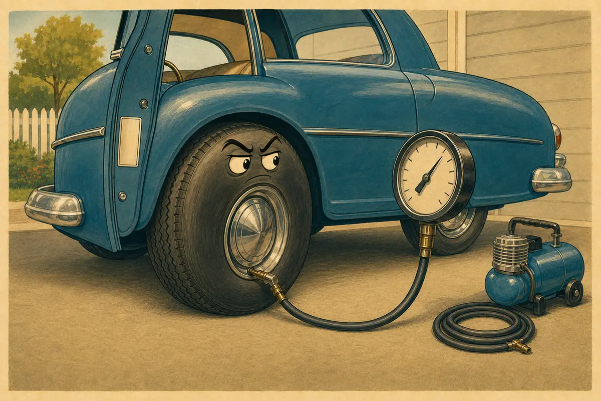 A cartoon tire on a parked car looks toward a pressure gauge. The gauge hose connects to the valve stem, and an air compressor sits nearby.