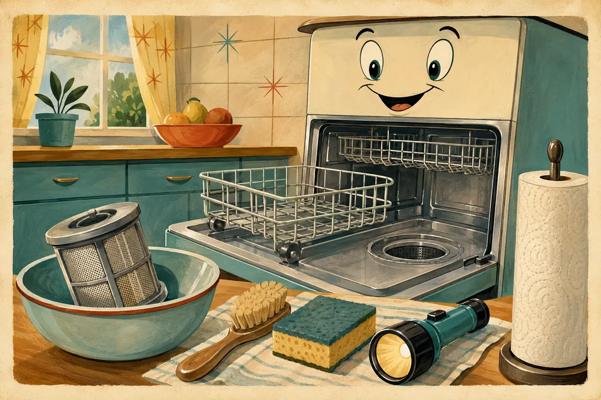 In this cartoon, a dishwasher stands open in a kitchen. The lower rack is outside the dishwasher. A filter rests in a bowl beside a soft brush, a sponge, a flashlight, and a paper towel.