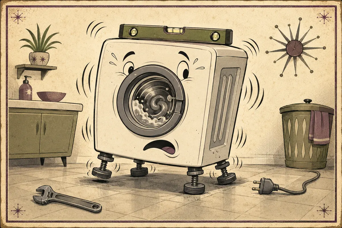 A cartoon washing machine wobbles on four uneven feet below a bubble level. The power plug lies on the floor away from the outlet.